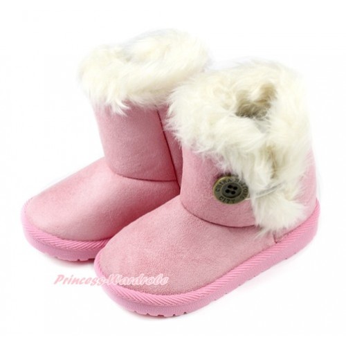 Light Pink White Fur Button Mid Calf Warm Children Boot SB33 